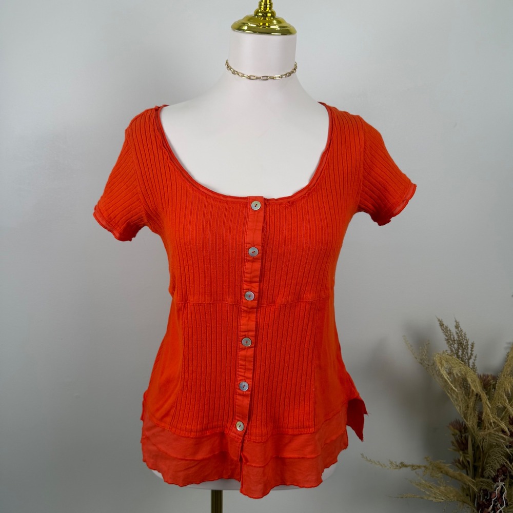 Soft Surroundings Size Small Orange Short Sleeve‎ Ribbed Knit Button-Front Top